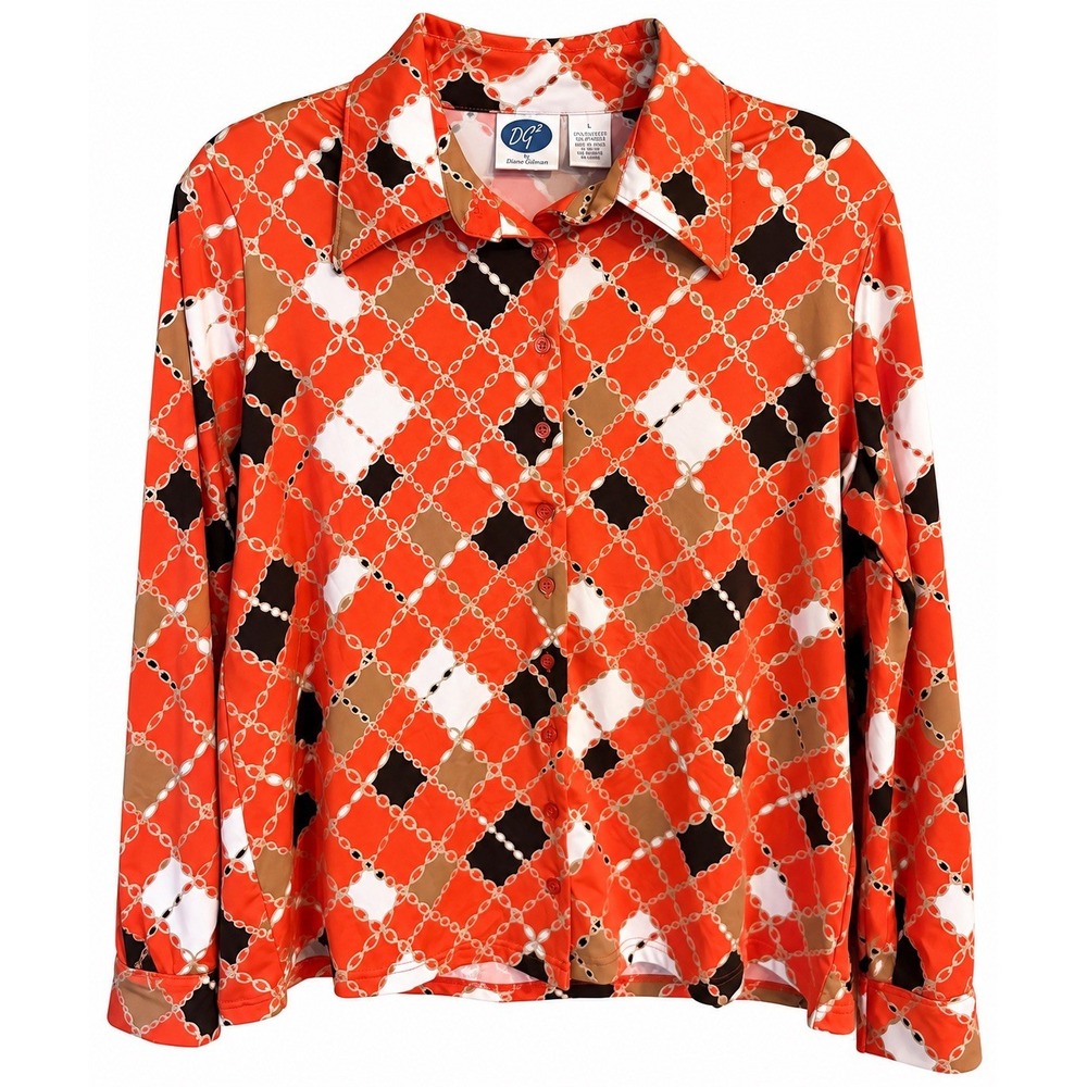 DG2 Diane Gilman Western Chain Print Blouse Y2K Cowgirl Southwest Button Large